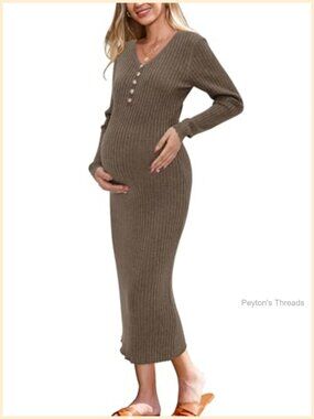 Wool Blend Maternity Sweater Dress Button V-Neck Midi Bodycon
